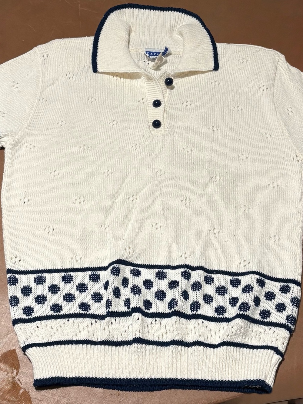Cream Knit Polo Sweater with Navy Trim